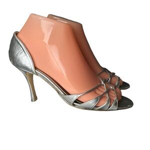 Manolo Blahnik ESPINADO Dorsay Strappy Silver Metalllic Leather Shoes 36.5
